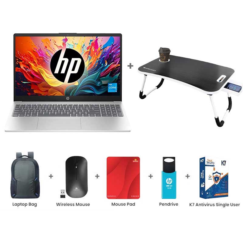 Picture of HP - 13th Gen intel i5 1334U 15.6" (39.6 Cm) FD0467TU Thin & Light Laptop (16GB DDR4 / 512GB NVMe M.2 SSD/ Micro-Edge/ Anti-Glare 250 nits/ Full HD Display/ Windows 11 Home/ Intel Iris Xᵉ Graphics / Backlit / Camera Privacy Shutter / MS Office 2024/ 1 Year Warranty/ 1.59 kg) with Laptop Table + Laptop Bag + Wireless Mouse + Mouse Pad + Pendrive + K7 Antivirus Single User